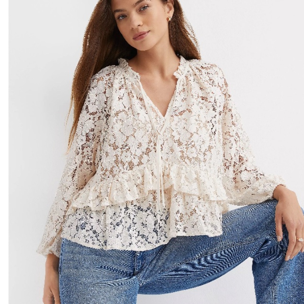 LOFT Lace Peplum Blouse NWT Cream Tie Front Romantic Cottagecore Top Size Small - Picture 9 of 10